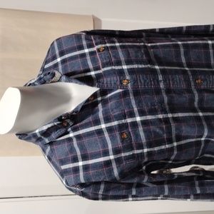 Boston Traders mens orange, white and blue plaid cotton shirt. Medium